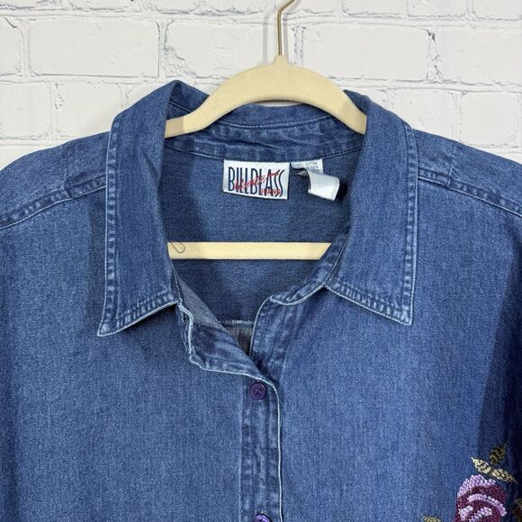 Vintage 90s Y2K Blouse Women Plus 2X Blue Denim Chambray Floral Embroidered Top - Picture 3 of 13